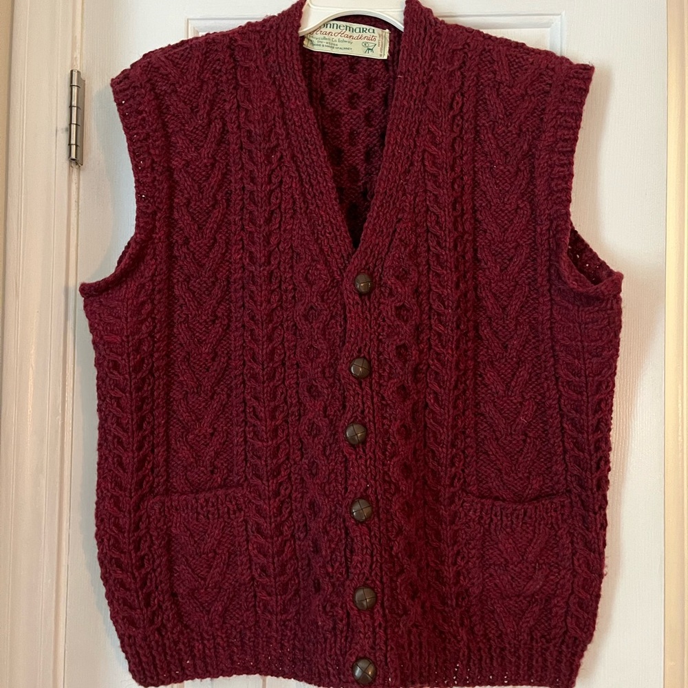 Vintage chunky wool cable knit sweater vest burgundy Connemara Aran Handknits